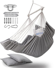 Load image into Gallery viewer, ADVOKAIR Hanging Hammock Chair Large Swing Chair with Foot Rest and Hardware,Max 500lbs,Steel Spread Bar with Anti Slips, 2 Cushions and Side Pocket ,Indoor/Outdoor Use
