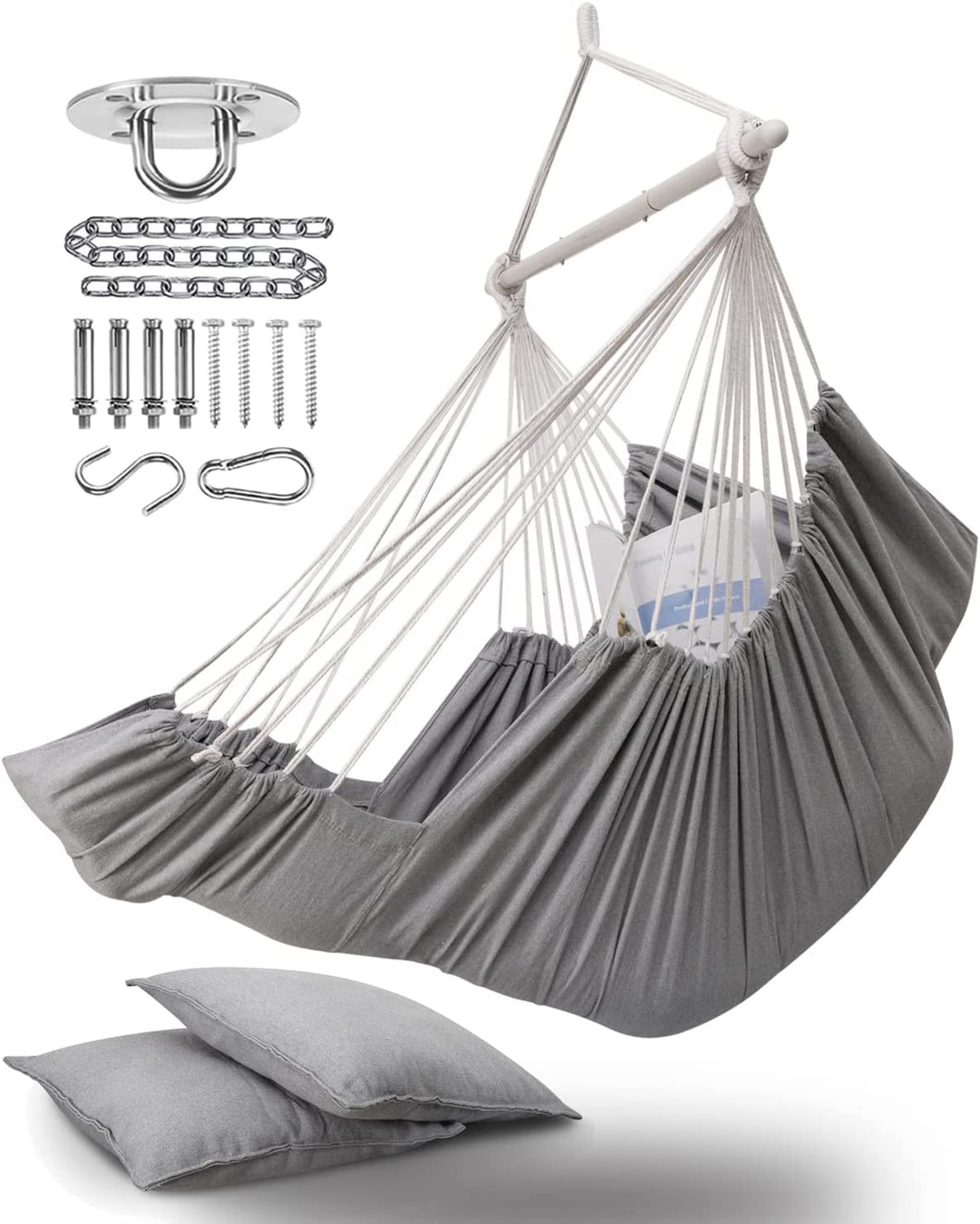 ADVOKAIR Hanging Hammock Chair Large Swing Chair with Foot Rest and Hardware,Max 500lbs,Steel Spread Bar with Anti Slips, 2 Cushions and Side Pocket ,Indoor/Outdoor Use